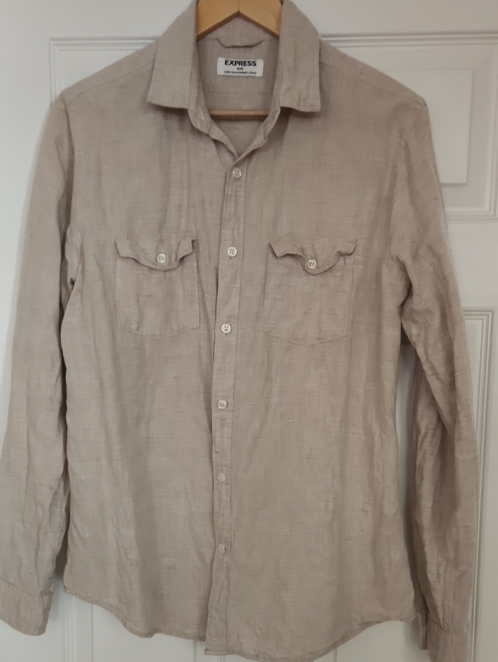 Express Men's Beige Button-Down Linen Shirt Size Medium